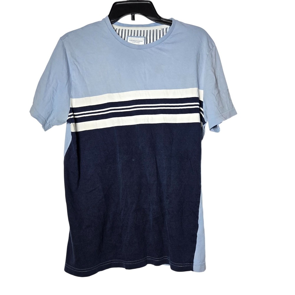 Denim & Flower Mens Blue Striped Short Sleeve Shirt Size Medium Preppy Nautical